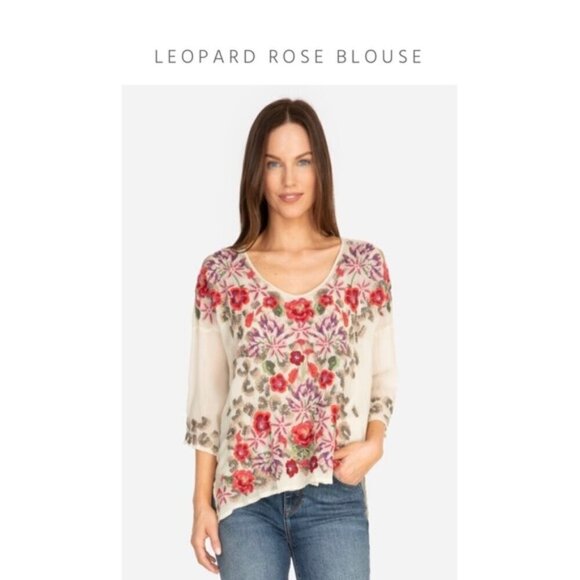 💕JOHNNY WAS💕 Leopard Rose Blouse ~ Embroidered Floral Tunic Shell Small - Picture 5 of 13